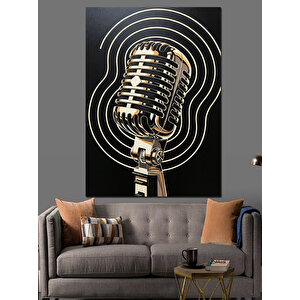 Vintage Mikrofon Müzik Çizimi Dekoratif Kanvas - Mdf Ahşap Tablo 100x140 cm