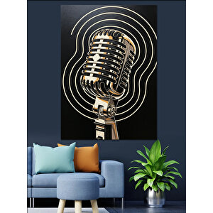 Vintage Mikrofon Müzik Çizimi Dekoratif Kanvas - Mdf Ahşap Tablo 100x140 cm