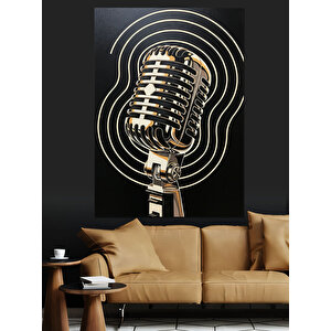 Vintage Mikrofon Müzik Çizimi Dekoratif Kanvas - Mdf Ahşap Tablo 100x140 cm