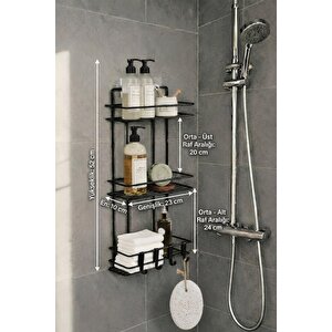Siyah 3 Katlı Banyo Rafı Şampuanlık Ve Duş Rafı Askılı Yapışkanlı Duvara Monte Tş-03