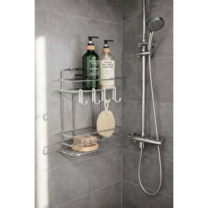 Lüks Krom Metal 2 Katlı Banyo Rafı Şampuanlık Ve Duş Rafı Askılı Yapışkanlı Duvara Monte Tş-02