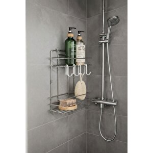 Lüks Krom Metal 2 Katlı Banyo Rafı Şampuanlık Ve Duş Rafı Askılı Yapışkanlı Duvara Monte Tş-02