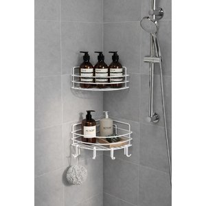 Tek Katlı Köşe Duş Rafı – Kancalı Banyo Şampuanlık & Organizer 2 Adet Beyaz Tk-01