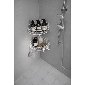 Tek Katlı Köşe Duş Rafı – Kancalı Banyo Şampuanlık & Organizer 2 Adet Beyaz Tk-01