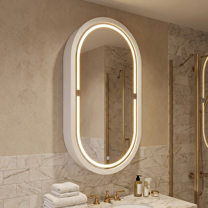 Oval Led’li Duvar Aynası Dolaplı | Dimmerli Dokunmatik Sensörlü | 3000k Günışıklı Banyo & Makyaj Aynası 50x87 cm