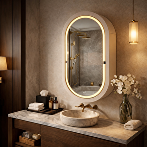 Oval Led’li Duvar Aynası Dolaplı | Dimmerli Dokunmatik Sensörlü | 3000k Günışıklı Banyo & Makyaj Aynası 50x87 cm