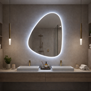 Modern Asimetrik Led Banyo Aynası – Dokunmatik Sensörlü, Dimmerli, 6500 Beyaz Işık 60x84 cm