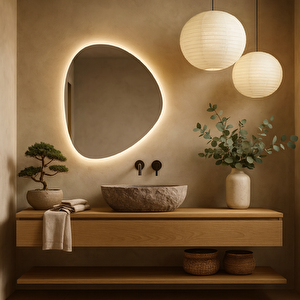 Modern Asimetrik Led’li Banyo Aynası – Dokunmatik, Dimmerli, 3000k Günışığı 50x58 cm