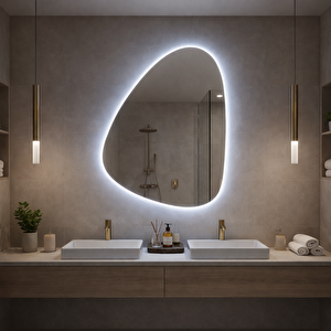 Modern Asimetrik Led Banyo Aynası – Dokunmatik Sensörlü, Dimmerli, 6500 Beyaz Işık 40x55 cm