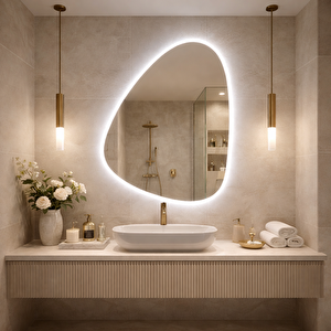 Modern Asimetrik Led Banyo Aynası – Dokunmatik Sensörlü, Dimmerli, 6500 Beyaz Işık 40x55 cm