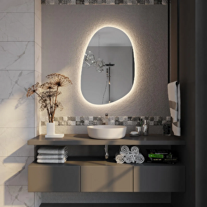 Asimetrik Oval Led Banyo Aynası – Dokunmatik Dim Edilebilir, 3000k Günışığı 70x101 cm