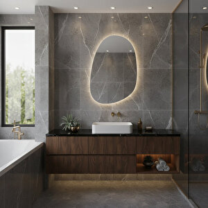 Asimetrik Oval Led Banyo Aynası – Dokunmatik Dim Edilebilir, 3000k Günışığı 70x101 cm