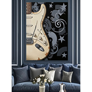 Siyah Beyaz Gitar Desenleri Dekoratif Kanvas - Mdf Ahşap Tablo 50x70 cm
