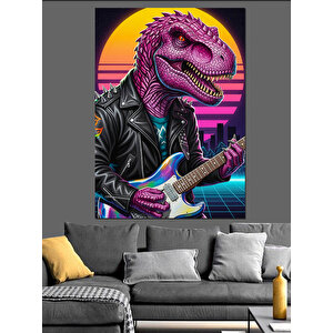 Gitar Çalan Dinozor Rex Dekoratif Kanvas - Mdf Ahşap Tablo 50x70 cm