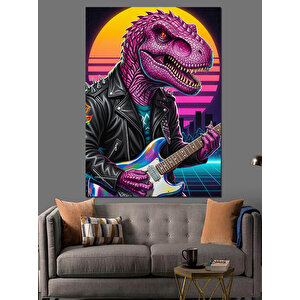 Gitar Çalan Dinozor Rex Dekoratif Kanvas - Mdf Ahşap Tablo 50x70 cm