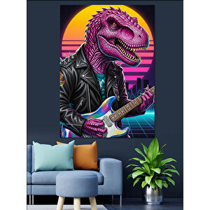 Gitar Çalan Dinozor Rex Dekoratif Kanvas - Mdf Ahşap Tablo 50x70 cm