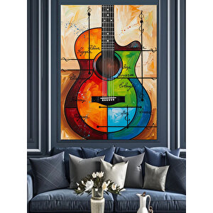 Renkli Akustik Gitar Resmi Dekoratif Kanvas - Mdf Ahşap Tablo 35x50 cm