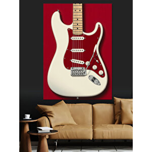 Beyaz Elektrik Gitar Çizimi Dekoratif Kanvas - Mdf Ahşap Tablo 35x50 cm