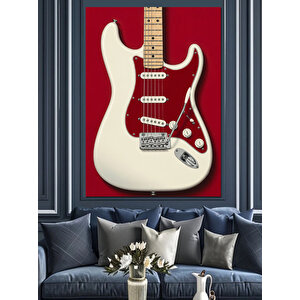 Beyaz Elektrik Gitar Çizimi Dekoratif Kanvas - Mdf Ahşap Tablo 35x50 cm