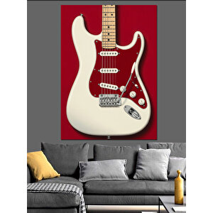 Beyaz Elektrik Gitar Çizimi Dekoratif Kanvas - Mdf Ahşap Tablo 35x50 cm