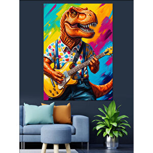 Gitar Çalan Renkli Dinozor Dekoratif Kanvas - Mdf Ahşap Tablo 70x100 cm