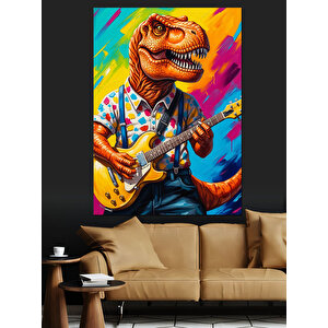 Gitar Çalan Renkli Dinozor Dekoratif Kanvas - Mdf Ahşap Tablo 70x100 cm