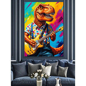 Gitar Çalan Renkli Dinozor Dekoratif Kanvas - Mdf Ahşap Tablo 70x100 cm