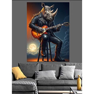 Gitar Çalan Gergedan Çizimi Dekoratif Kanvas - Mdf Ahşap Tablo 35x50 cm