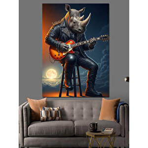 Gitar Çalan Gergedan Çizimi Dekoratif Kanvas - Mdf Ahşap Tablo 35x50 cm