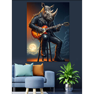 Gitar Çalan Gergedan Çizimi Dekoratif Kanvas - Mdf Ahşap Tablo 35x50 cm