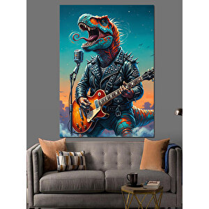 Gitar Çalan Dinozor Rex Dekoratif Kanvas - Mdf Ahşap Tablo 50x70 cm
