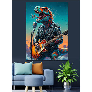 Gitar Çalan Dinozor Rex Dekoratif Kanvas - Mdf Ahşap Tablo 50x70 cm
