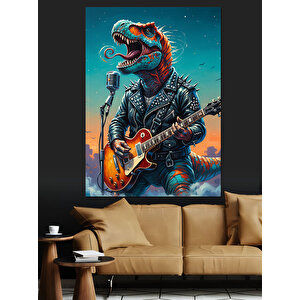 Gitar Çalan Dinozor Rex Dekoratif Kanvas - Mdf Ahşap Tablo 50x70 cm