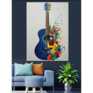 Mavi Gitar Ve Müzik Dekoratif Kanvas - Mdf Ahşap Tablo 70x100 cm