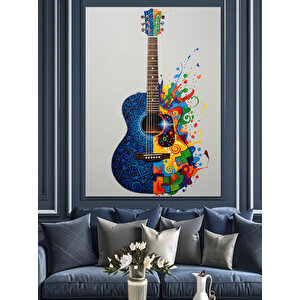 Mavi Gitar Ve Müzik Dekoratif Kanvas - Mdf Ahşap Tablo 70x100 cm