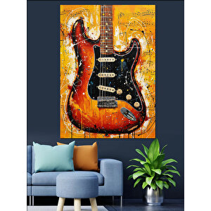 Kırmızı Elektrik Gitar Alevler Dekoratif Kanvas - Mdf Ahşap Tablo 35x50 cm