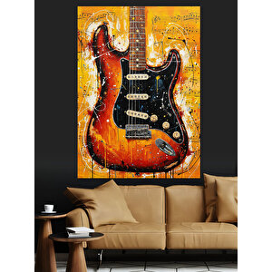 Kırmızı Elektrik Gitar Alevler Dekoratif Kanvas - Mdf Ahşap Tablo 35x50 cm
