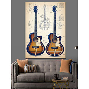 Akustik Gitar İllüstrasyon Çift Dekoratif Kanvas - Mdf Ahşap Tablo 35x50 cm