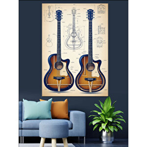Akustik Gitar İllüstrasyon Çift Dekoratif Kanvas - Mdf Ahşap Tablo 35x50 cm