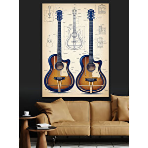 Akustik Gitar İllüstrasyon Çift Dekoratif Kanvas - Mdf Ahşap Tablo 35x50 cm