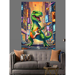 Şehirde Gitar Çalan Dinozor Dekoratif Kanvas - Mdf Ahşap Tablo 100x140 cm