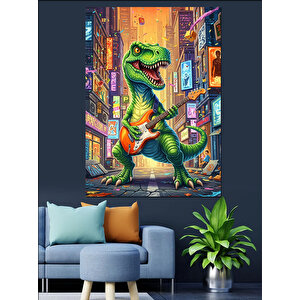 Şehirde Gitar Çalan Dinozor Dekoratif Kanvas - Mdf Ahşap Tablo 100x140 cm
