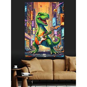 Şehirde Gitar Çalan Dinozor Dekoratif Kanvas - Mdf Ahşap Tablo 100x140 cm