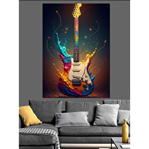 Renkli Elektro Gitar Çizimi Dekoratif Kanvas - Mdf Ahşap Tablo 50x70 cm