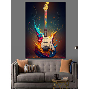 Renkli Elektro Gitar Çizimi Dekoratif Kanvas - Mdf Ahşap Tablo 50x70 cm