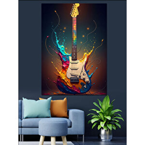 Renkli Elektro Gitar Çizimi Dekoratif Kanvas - Mdf Ahşap Tablo 50x70 cm