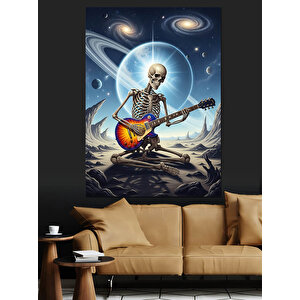 Uzayda Gitar Çalan İskelet Dekoratif Kanvas - Mdf Ahşap Tablo 70x100 cm