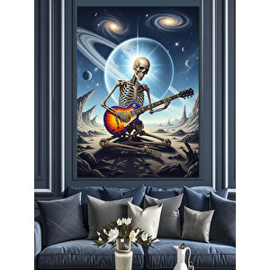 Uzayda Gitar Çalan İskelet Dekoratif Kanvas - Mdf Ahşap Tablo 70x100 cm