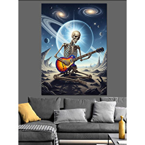 Uzayda Gitar Çalan İskelet Dekoratif Kanvas - Mdf Ahşap Tablo 70x100 cm
