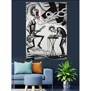 Gitar Çalan İskeletler Siyah Dekoratif Kanvas - Mdf Ahşap Tablo 35x50 cm
